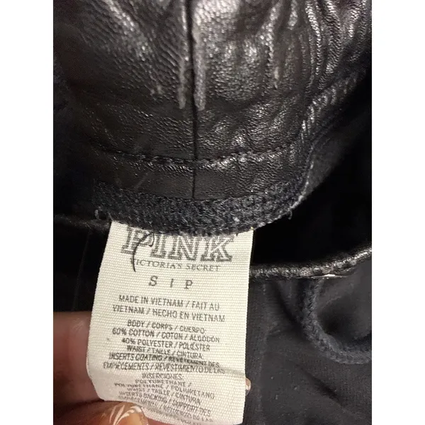PINK Victoria's Secret Black‎ Joggers Faux Leather Trim Love Pink Graphic Small - Image 5