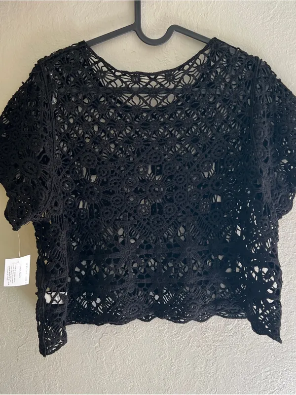 Active USA Black Crochet Lace Crop Top Size M Sheer Boho 100% Cotton - Image 3