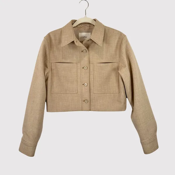 Aritzia Wilfred Womens Jacket Beige Little Cropped Button Up Crepette Stretch XS - Image 2