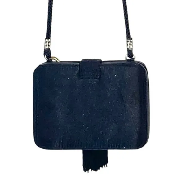 Jessica McClintock Black Satin Box‎ Clutch Purse Tassel & Rope Strap Evening Bag - Image 2