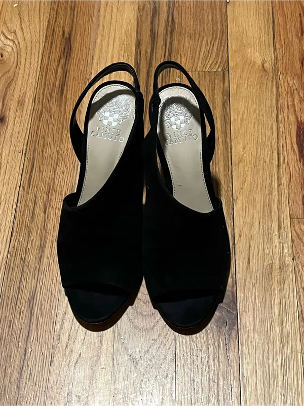 Vince Camuto Black Suede Peep Toe Slingback Heels Size 7.5 High Heel Mules - Image 5