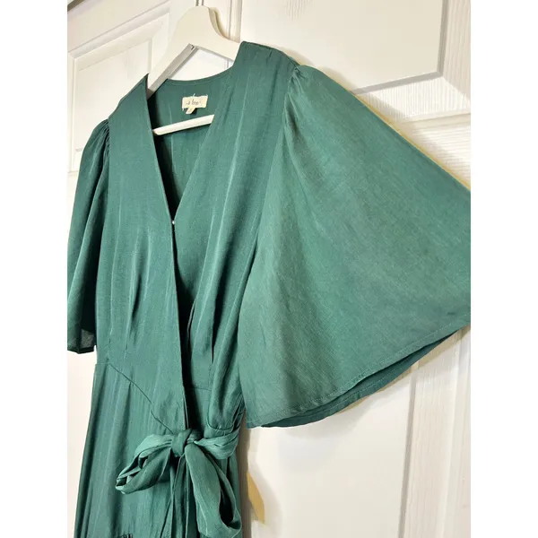In Loom Wrap Dress Medium Green Ruffle Flutter High Low - Image 2