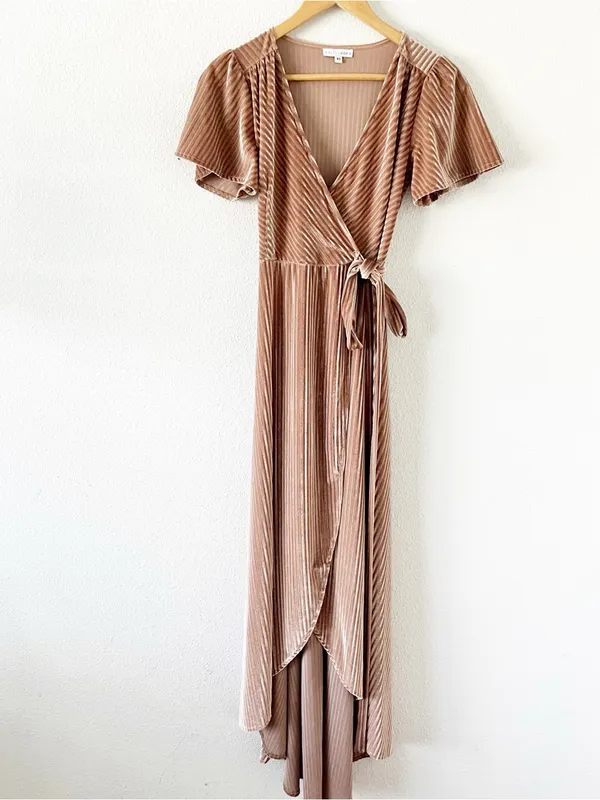Baltic Born Andi Champagne Velvet High Low Flutter Sleeve True Wrap Maxi Dress - Image 2
