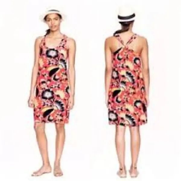J Crew Tropical Silk Hibiscus Coral Twist Back Sundress - Image 2