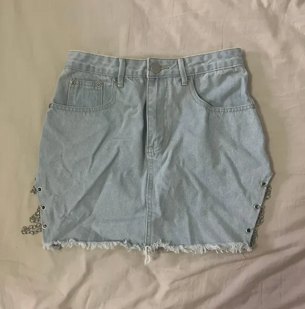 Denim Mini Skirt With Silver Chains - Image 2