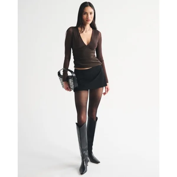 Abercrombie & Fitch Women's Bra Free Long Sleeve Mesh Plunge Top Brown Size XXS - Image 5