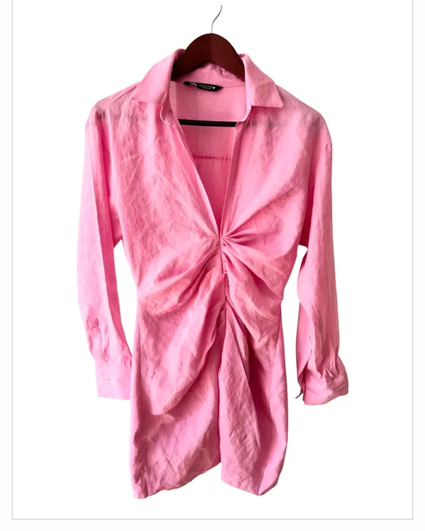 Zara Barbie Pink Draped Long Sleeve Dress Deep Vneck Collared M - Image 4