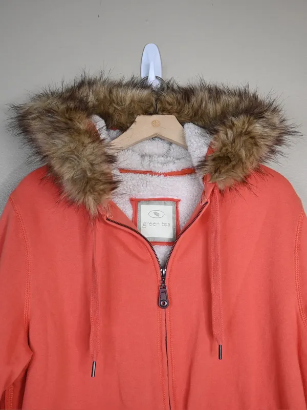 Green Tea Women's L Fur Trimmed Hooded Zip Front Jacket - Image 3
