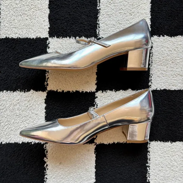 Ann Taylor Silver Mary Jane Block Heels Pointed Toe 6 - Image 5