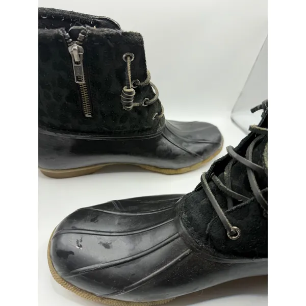 Sperry Saltwater Black Leopard Suede Duck Boots Womens 10 Ankle Rain‎ Boots - Image 9
