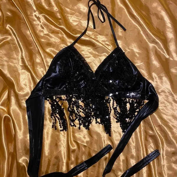 Black Sequin Fringe Backless Halter Tie Top Size M - Image 2