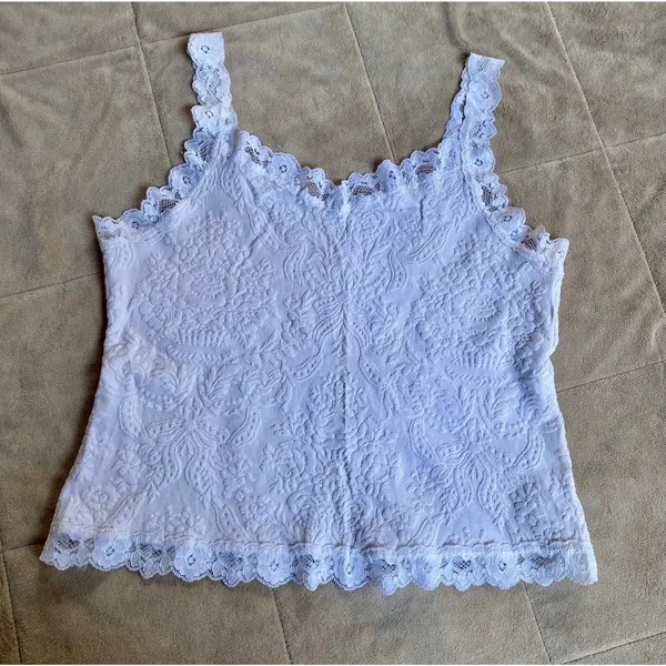 Arianne Victoria Y2K 90s Ivory Lace Trim Floral Jacquard Cami XL Vintage Glam - Image 6