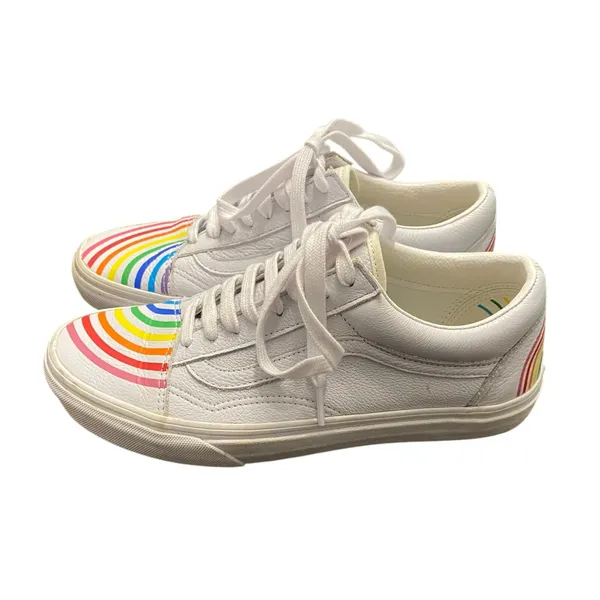Vans x Flour Shop White Old Skool Leather Rainbow Sneakers Women’s 9 Pride Fun - Image 2