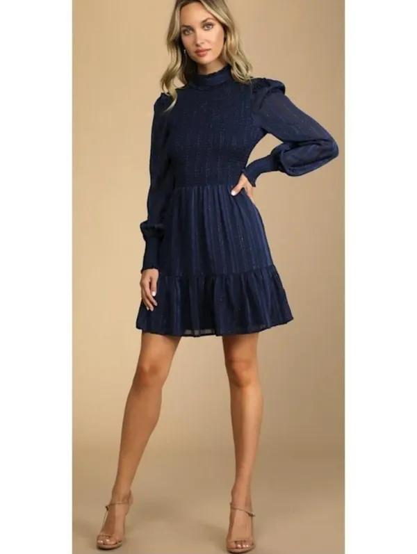 Lulus Womens Navy Blue Smocked Long Sleeve Mini Dress Size XSMALL Romantic Prepp - Image 2