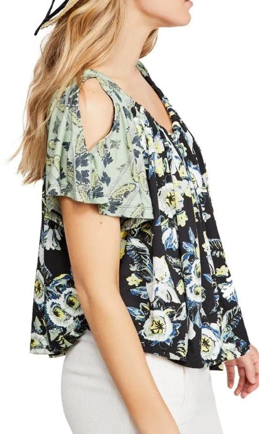 NWT Free People Baja Babe Cold Shoulder Floral Print Top Black Combo Size Medium - Image 2