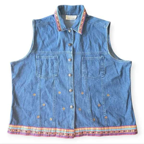 Casey & Max Embroidered Denim 100% Cotton Vest with Colorful Trim‎ Size XL - Image 8