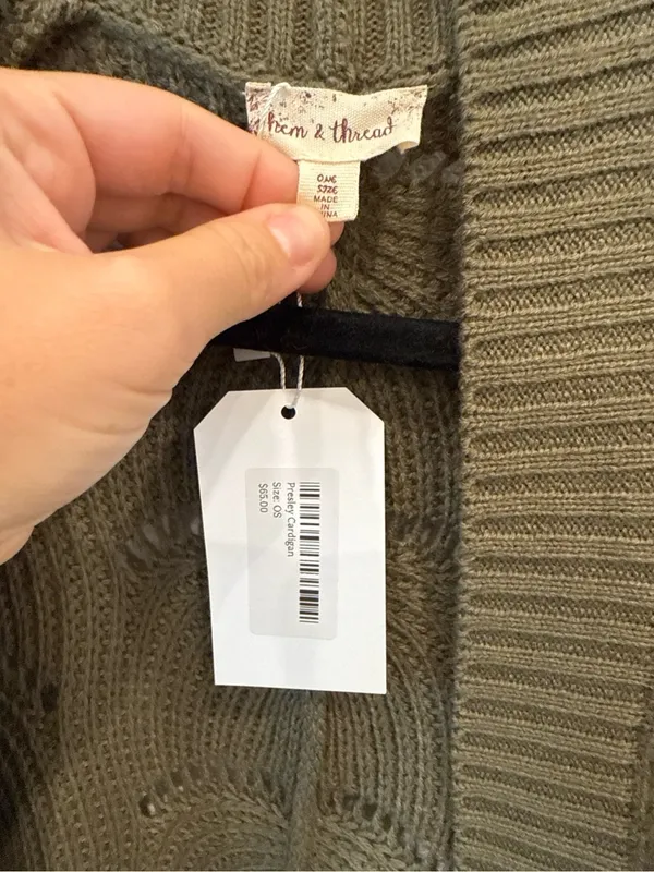 Hem & Thread Olive Green Open Knit Oversized Cardigan One Size NWT - Image 3