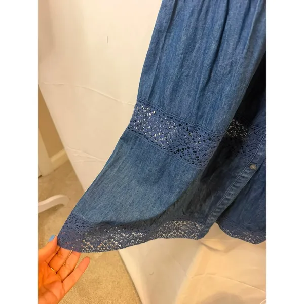 Gap × LoveShackFancy Denim Tiered Midi Dress with lace and ruffle detail sz. S - Image 9