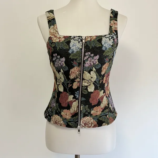 VICI Floral Tapestry Corset Top Size Small Multicolor Black Woven Zip Front - Image 2
