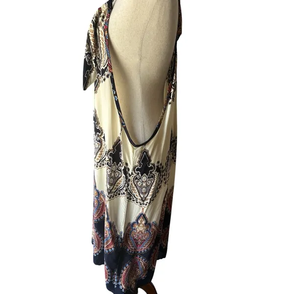 Women’s M Paisley Slip Dress Beige Black Blue Orange V-Neck Strappy Knee - Image 4