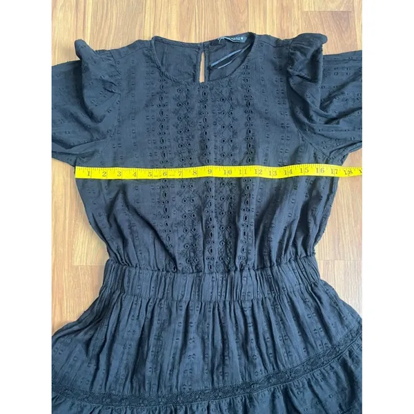 Zara Black Eyelet Embroidered Mini Dress Long Sleeve Tiered Lace LBD - Size M - Image 7