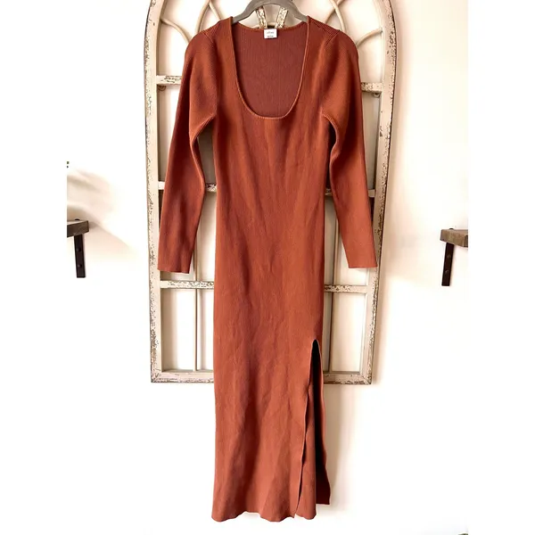 Aritzia‎ Wilfred Maeve Midi Bodycon Dress Size Large Brown Scoop Neck - Image 5