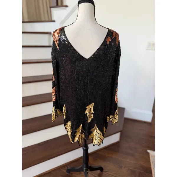 Vintage 90s Black Gold Fall Leaf Pattern Silk Sequin Long Sleeve Shift Dress - Image 7