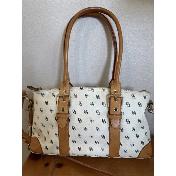 Vintage Dooney Bourke Signature Monogram Y2K 2000 White & Blue Satchel GUC - Image 4
