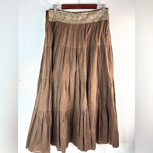 BCBGMaxAzria S Cotton Tiered Brown Embellished Beaded Waist Midi Skirt - Image 3