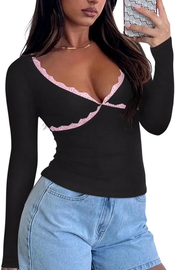 REORIA Lace Trim Long Sleeve Top - Image 5