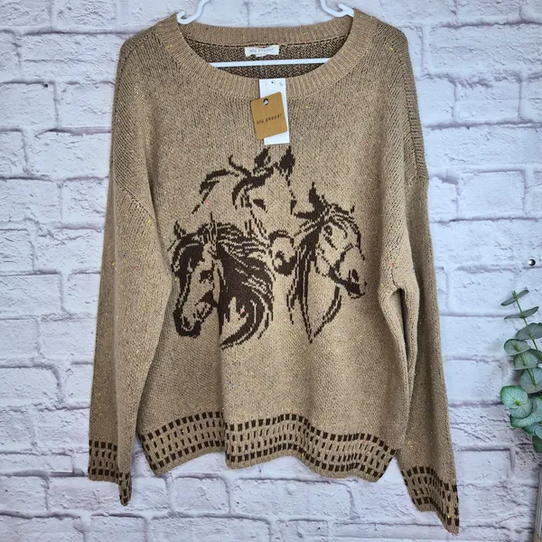 NWT Blu Pepper Horse Knit Sweater L Oversized Western Boho Equestrian Flecked - Image 4