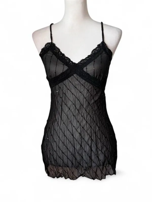 Vintage 90s Vintage Sheer Sequin Cami Black - Image 2