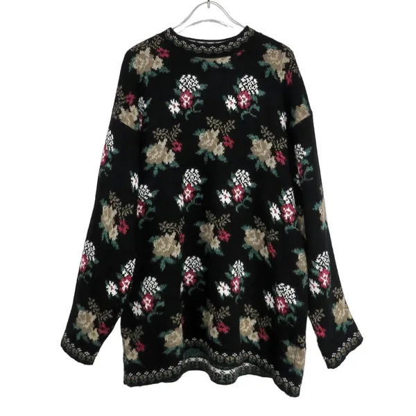 Dana Scott 1980s Vintage Sweater Black Floral Grandmacore Knit Large Retro - Image 4