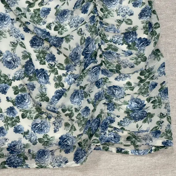 Cotton Candy | NWOT Blue and White Floral Ruched Peasant Dress | Small - Image 7