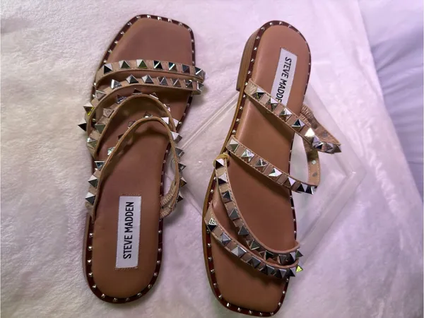 Steve Madden Nude Studded Triple-Strap Slide Sandals - Image 4