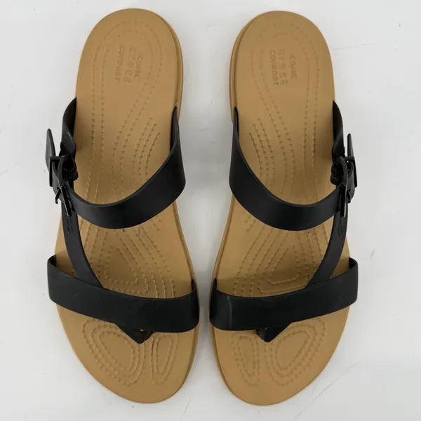 Crocs Tulum Toe Post Sandal Black Tan Women 11 Strappy Slip On Flip Flop Buckle - Image 3