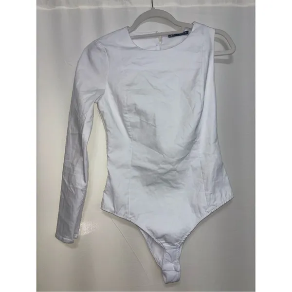 Zara Asymmetric one Sleeve Backless White Structure Bodysuit Large Minimalist - Image 3