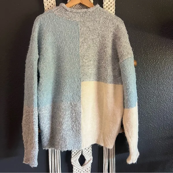 Very J Color block Sweater Womens L Beige/blue/gray Grandmacore Coastal - Image 2