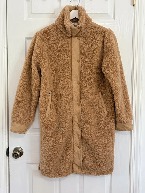Athleta Sherpa Teddy Coat XS Camel Longline Cozy Minimalist Quiet Luxury Winter - Image 2