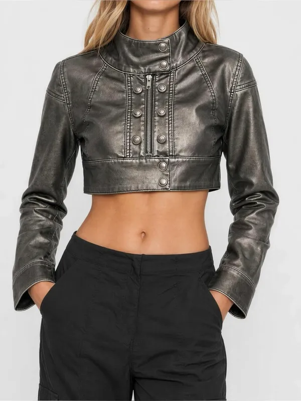 JADED LONDON Alektra Military Faux Leather Crop Jacket, Metallic Black, Medium - Image 2