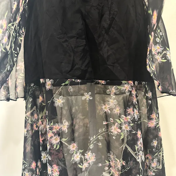 VTG 60-70s Black Chiffon Tiered Midi Dress Pink Floral Coquette Fairy Cottage XS - Image 9