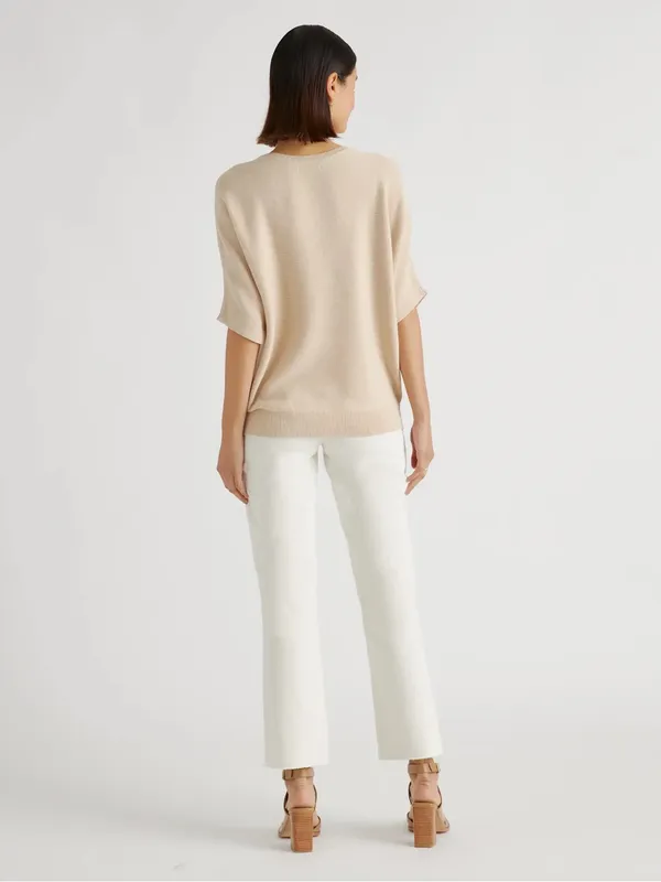 Quince Heather Oatmeal Lightweight Cotton Cashmere Link-Stitch Dolman Sweater L - Image 2