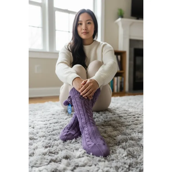 Columbia Cozy Socks Women's Lavender‎ Purple Pom Pom Non-Skid One Pair Size 4-10 - Image 5