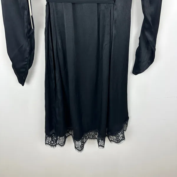 Anthropologie Lace Trimmed Wrap Dress Viscose Satin Long Sleeve Black XS NWT - Image 15