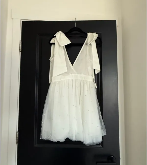 NWT SHOWPO Karalyn mini dress- bow strap plunge pearl detail - Image 3