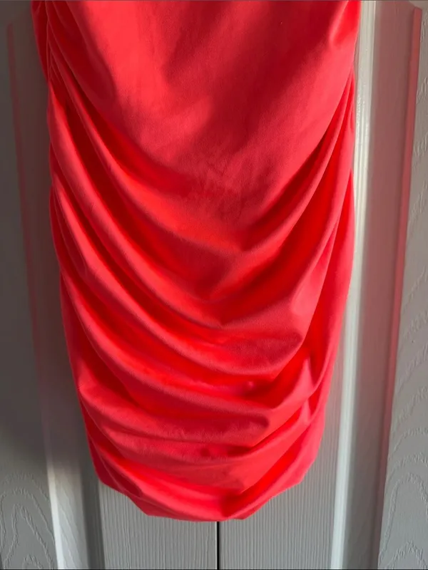 Katie J NYC Neon Pink Mini Dress Ruched Bodycon Cutout Knot Front XS Adjustable - Image 3