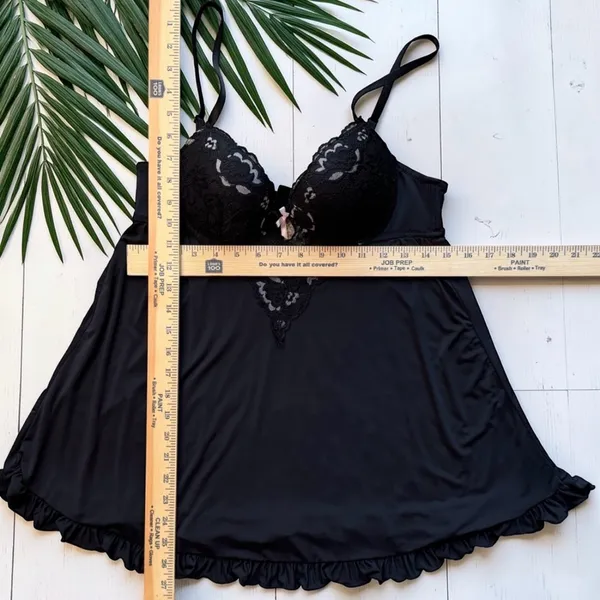 Black Lace Babydoll Lingerie Chemise Ruffle Hem Romantic Sheer Nightie Size M - Image 5