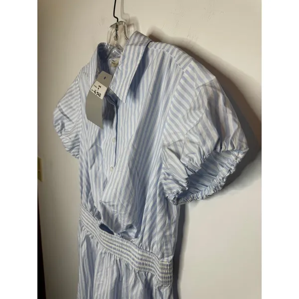 Loft Blue White Striped Midi Dress Puff Sleeve Button Front Tie Waist Size S - Image 5