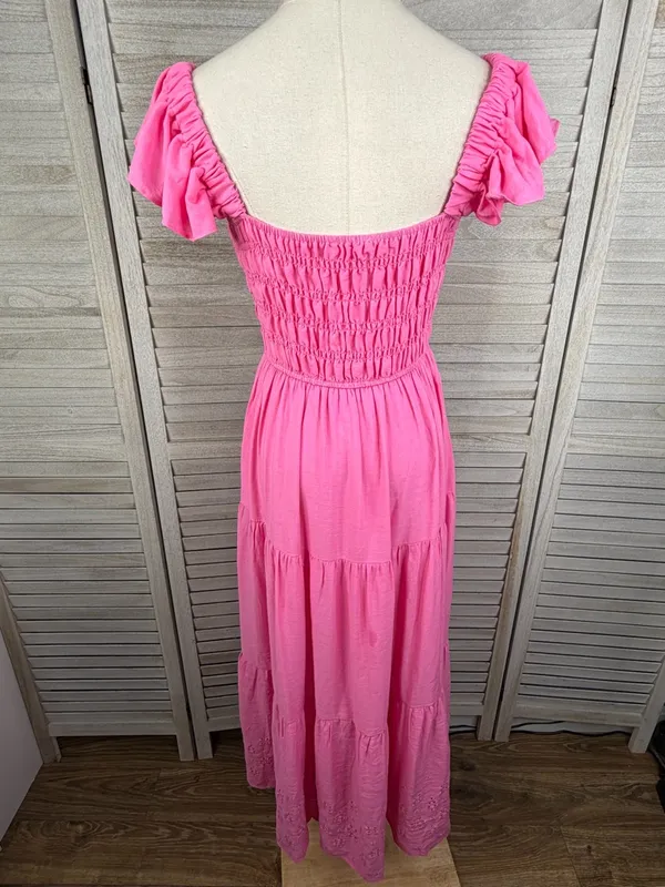 BY THE RIVER (Anthropologie) Boho Smocked Tiered Maxi Dress w Eyelet Hem Pink-L - Image 3
