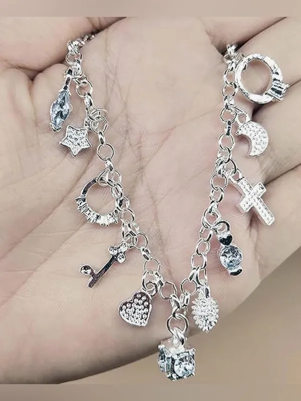 Sterling Silver Stamped 925 Charm Bracelet - Silver Heart & Cross Charms - Image 4